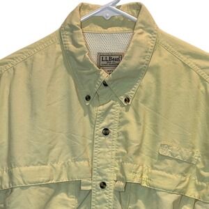 LL Bean Long Sleeve Button Up Fishing Shirt Khaki Tan Utility Pockets Medium‎